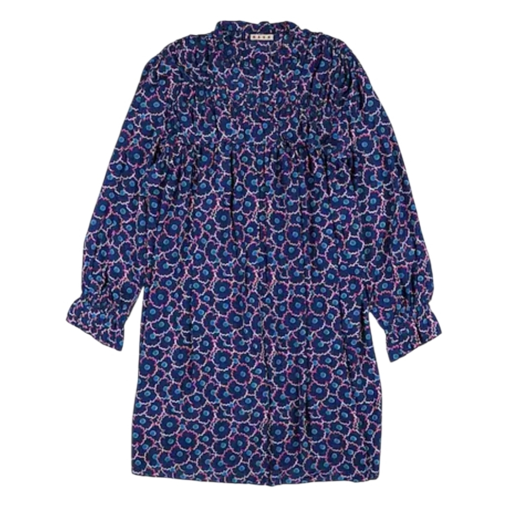 Marni High Neck Ruffle Trim Long Sleeve Girls Dress Blue Floral Silk Blend 10